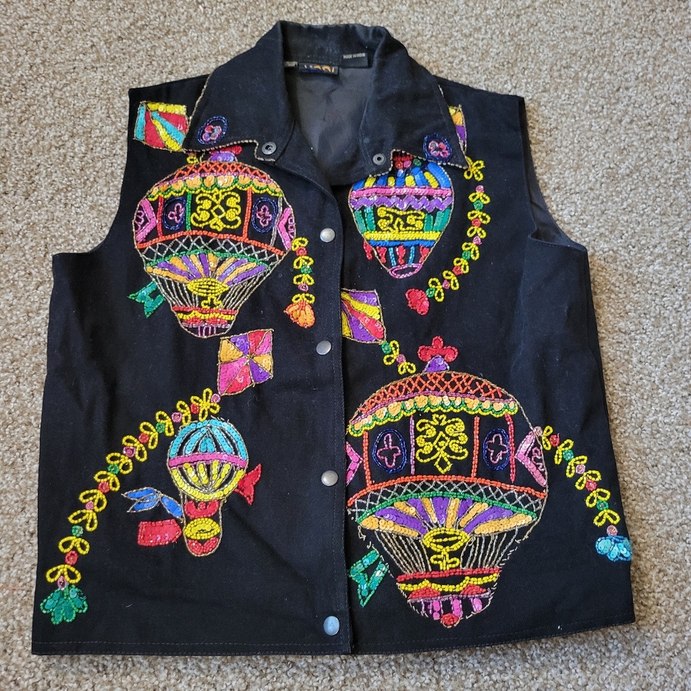 Vintage Modi Beaded Hot Air Balloons Snap Vest Festival Whimsical Size small